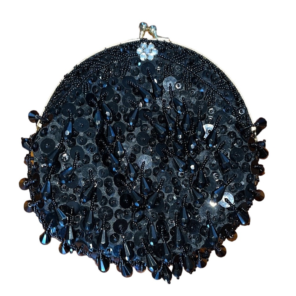Black Beaded & Sequin Evening Bag Clutch w/Optional Chain~Vintage Style